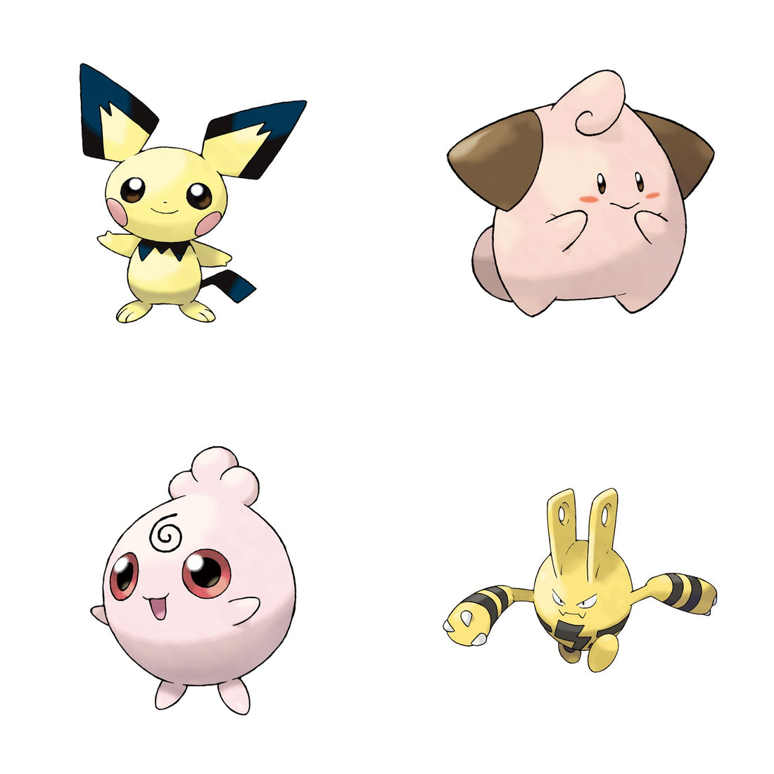 Pichu, Mélo, Toudoudou et Élekid, quatre Pokémon bébés