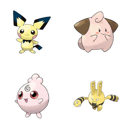 Pichu, Mélo, Toudoudou et Élekid, quatre Pokémon bébés