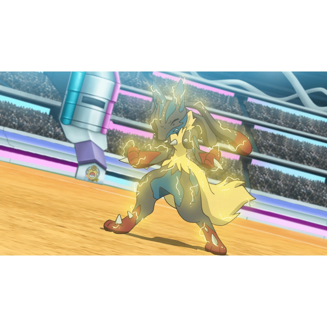 Un Méga-Lucario paralysé en plein combat
