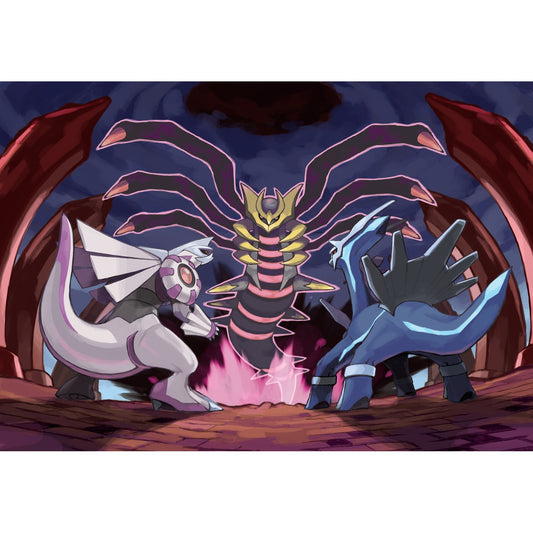 Dialga, Palkia et Giratina, artwork de Pokémon Platine