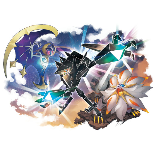 Necrozma entre Solgaleo et Lunala, artwork de Pokémon Ultra-Soleil et Ultra-Lune