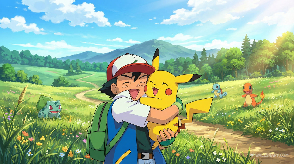 Sacha serre Pikachu dans ses bras en riant, Bulbizarre, Carapuce et Salamèche autour d'eux dans la prairie