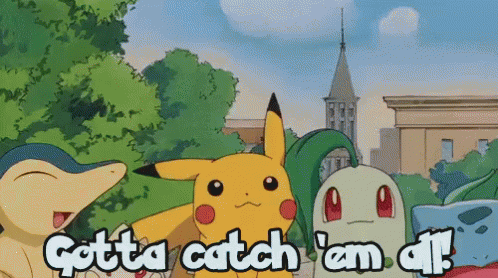 Une foule de Pokémon chante autour de Pikachu sous le slogan « Gotta catch 'em all! »